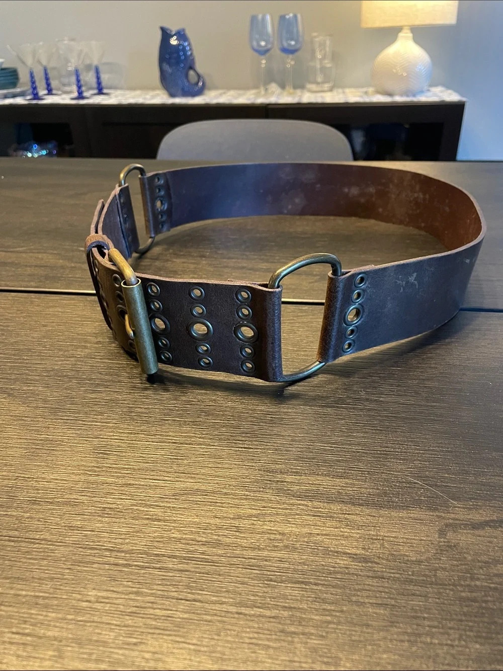 Buckle Brown Leather Belt with Brass-Tone Buckle